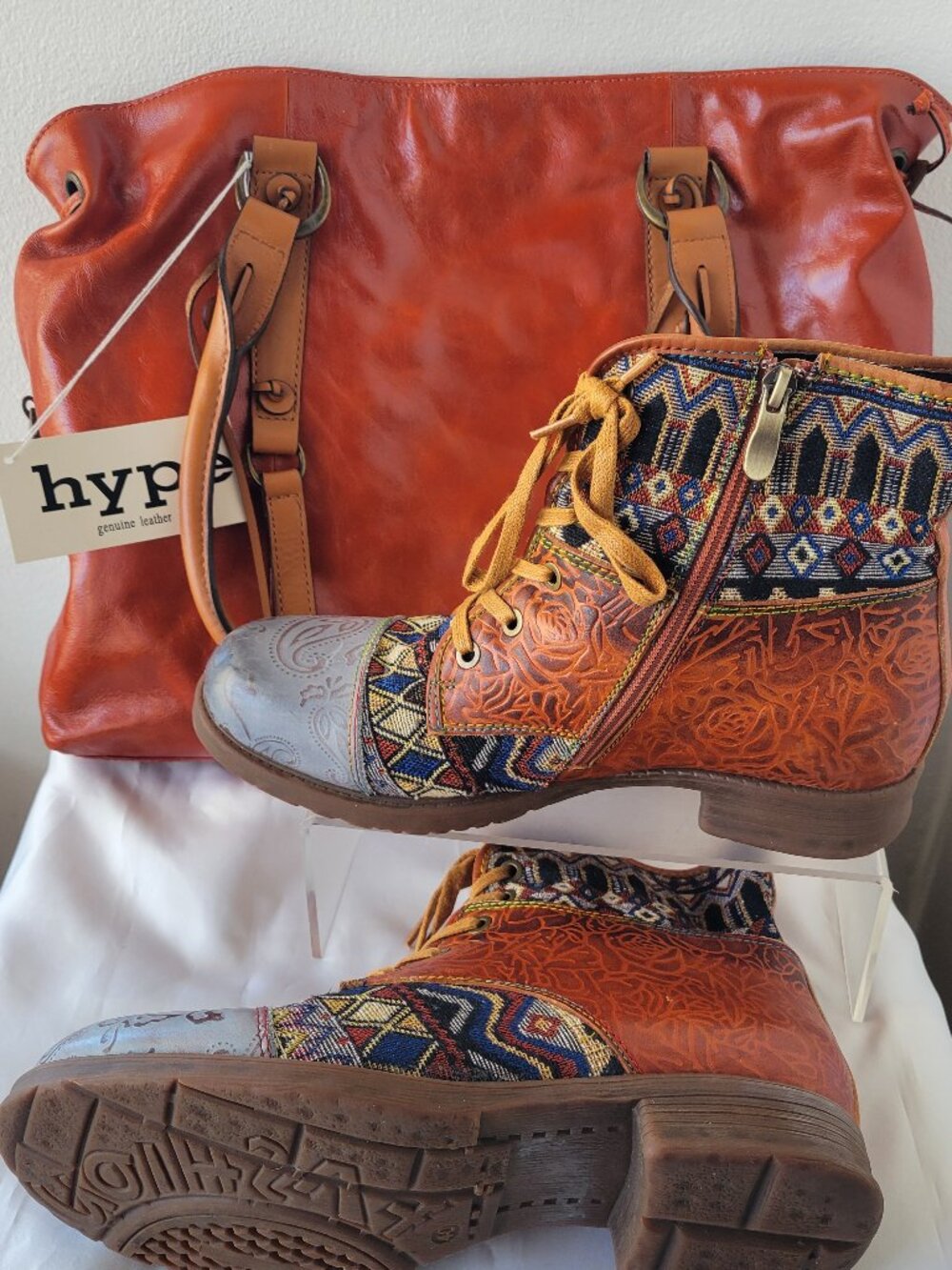 Socofy Bohemian Patterned Ankle Boots Faux Fur Lace-Up Zipper